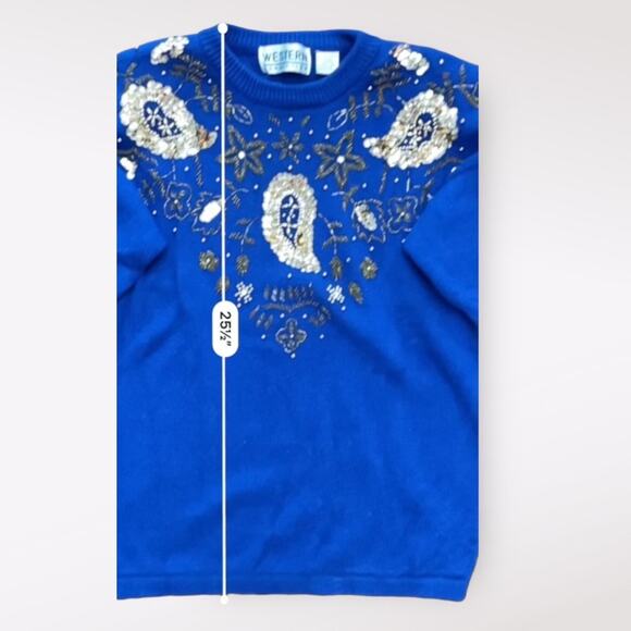 Western Connection Vintage Sequined‎ Sweater Womens Medium Blue Beaded - Picture 3 of 6
